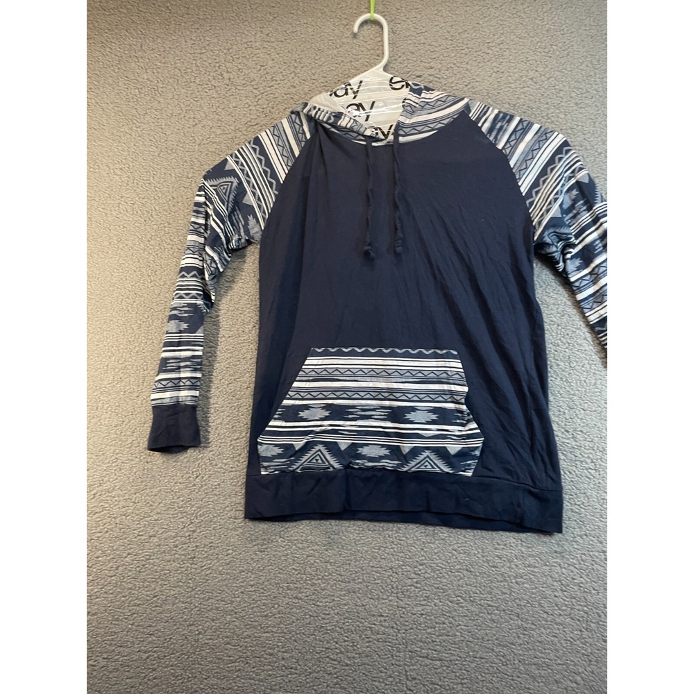 Broken Threads Womens Blue Tribal Print Lightweight Long‎ Sleeve Hoodie L